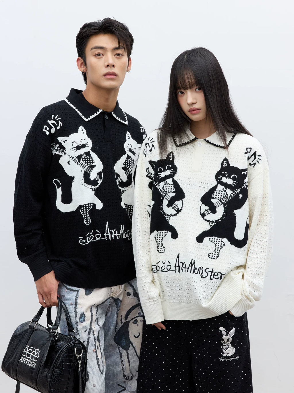 eeeeArtmonster Cat Jacquard Knitted Hollow Long Sleeve Blouse