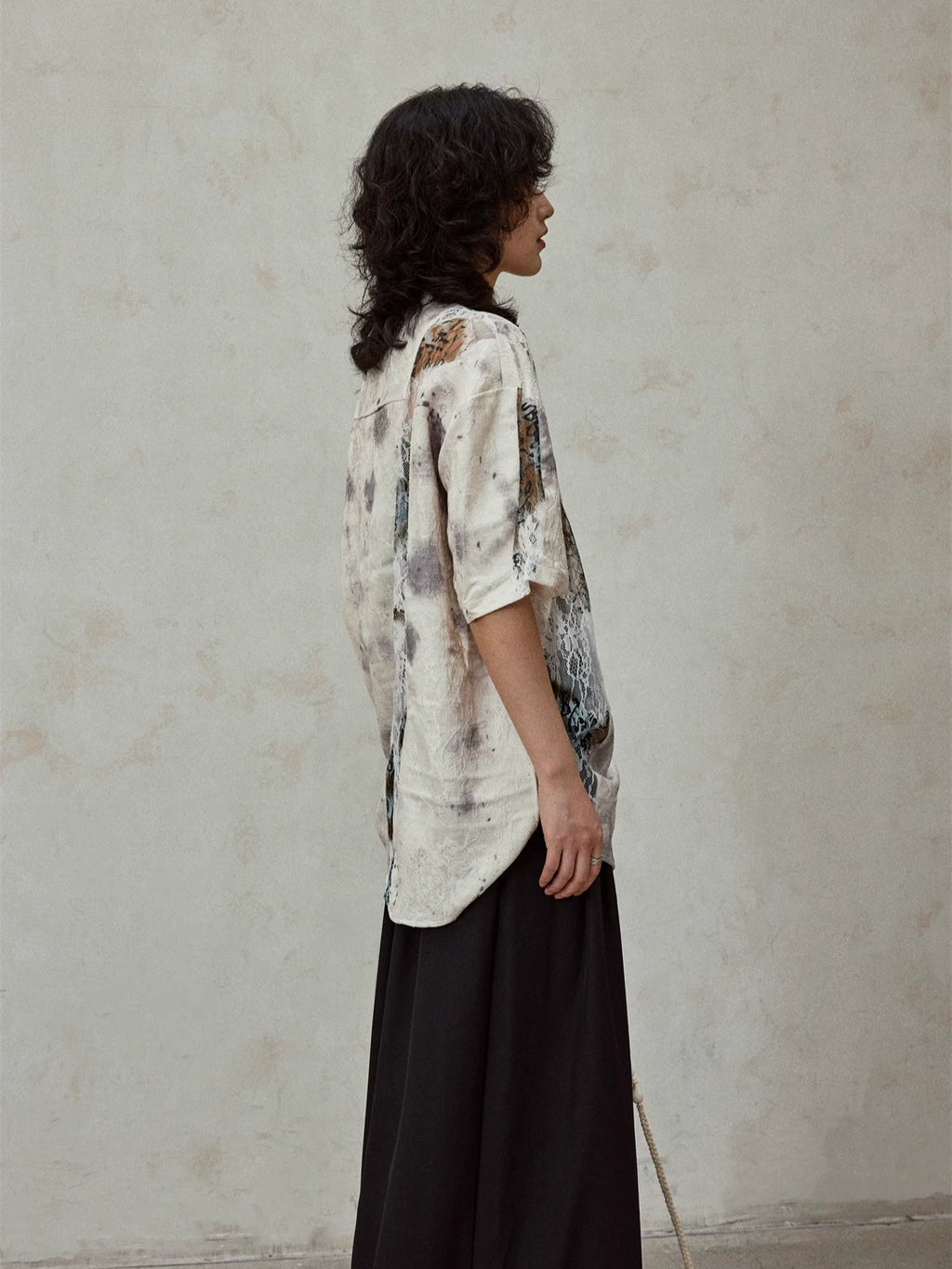 SUNYVONNE Ink Splashing Lace Stitching Retro Shirt