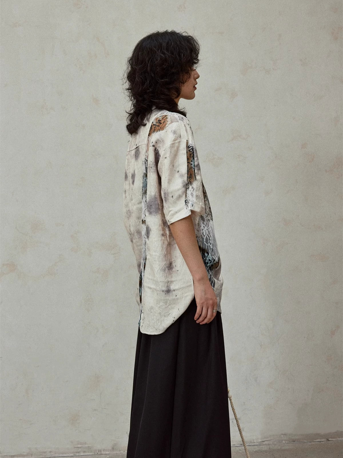 SUNYVONNE Ink Splashing Lace Stitching Retro Shirt