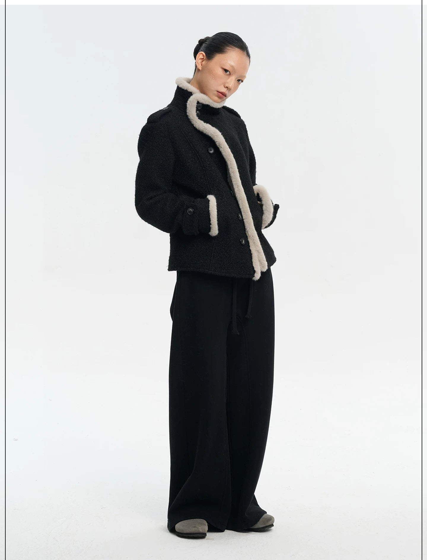 LINY LIBERTY Contrasting Top Stitching Stand-up Collar Woolen Jacket