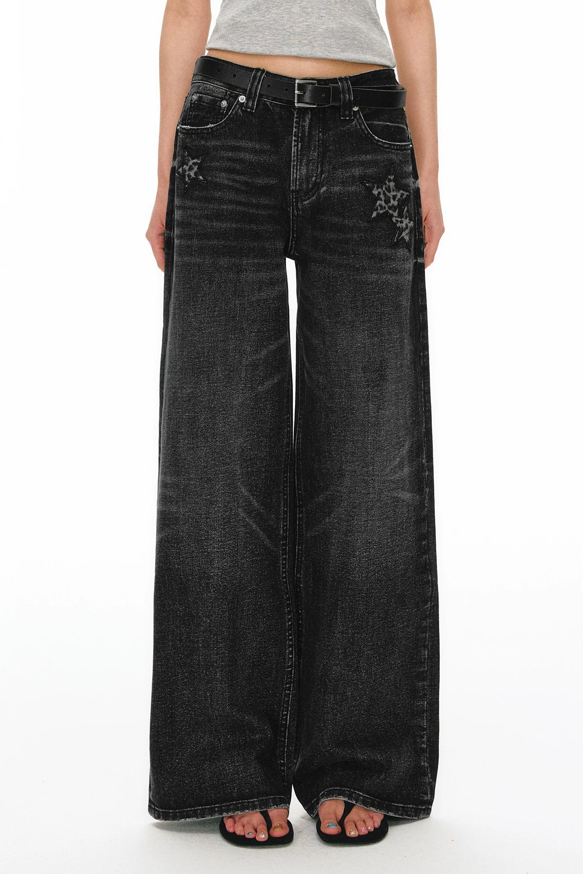Ariseism Vintage Star Embroidery Straight Wide Leg Jeans