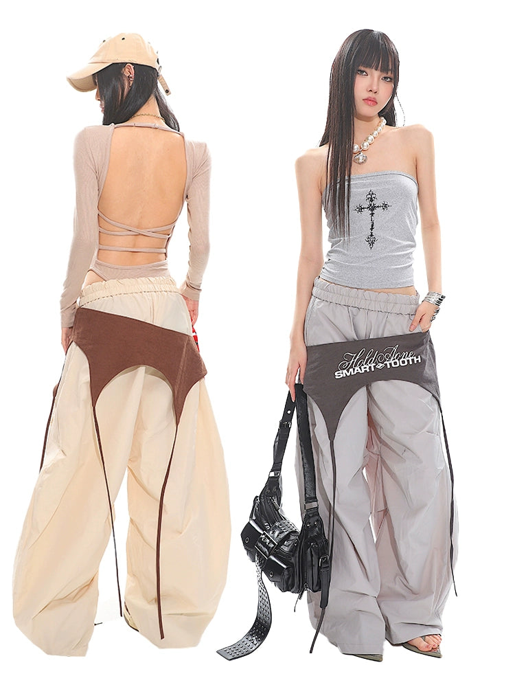 UNCMHISEX Loose Tooling Fake Two-Piece Charge Wide Leg Pants