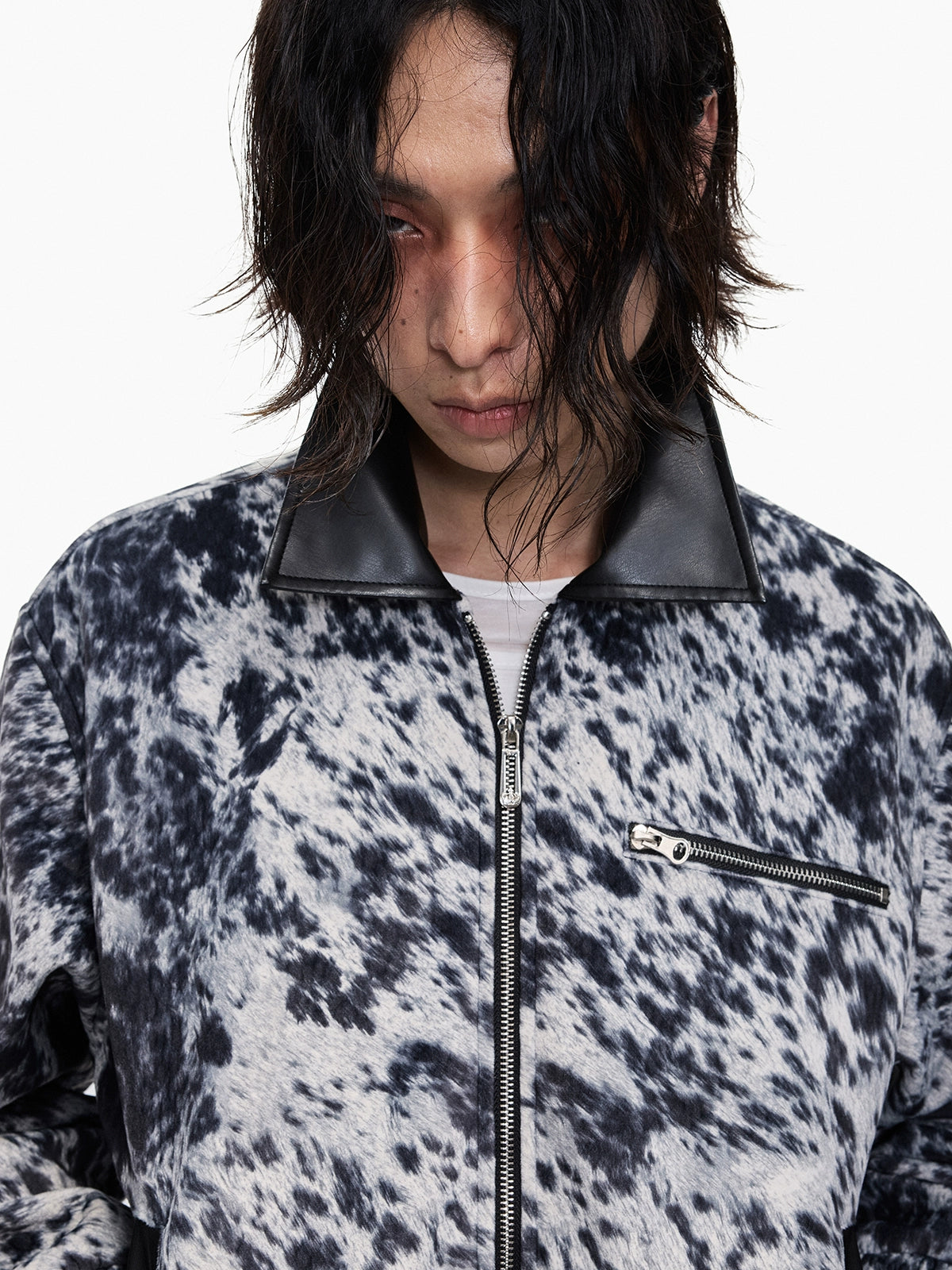Lightinus Leopard Short Spliced Leather Lapel Jacket