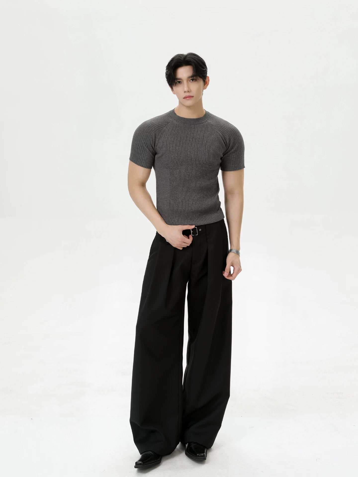 TURNTIDE Knitted Shoulder Slim Crew Neck Tee