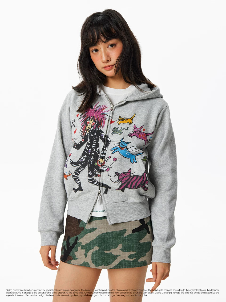 CryingCenter Kitten Print Front Shoulder Fleece Sweater Jacket
