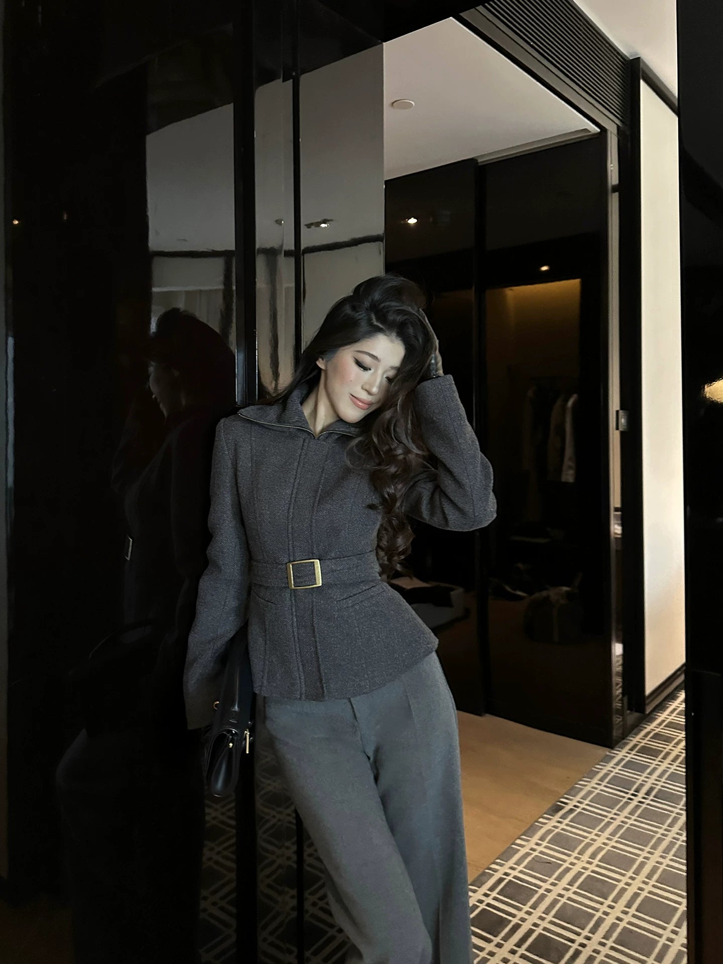 LLROGE Waist Temperament Lapel Woolen Jacket