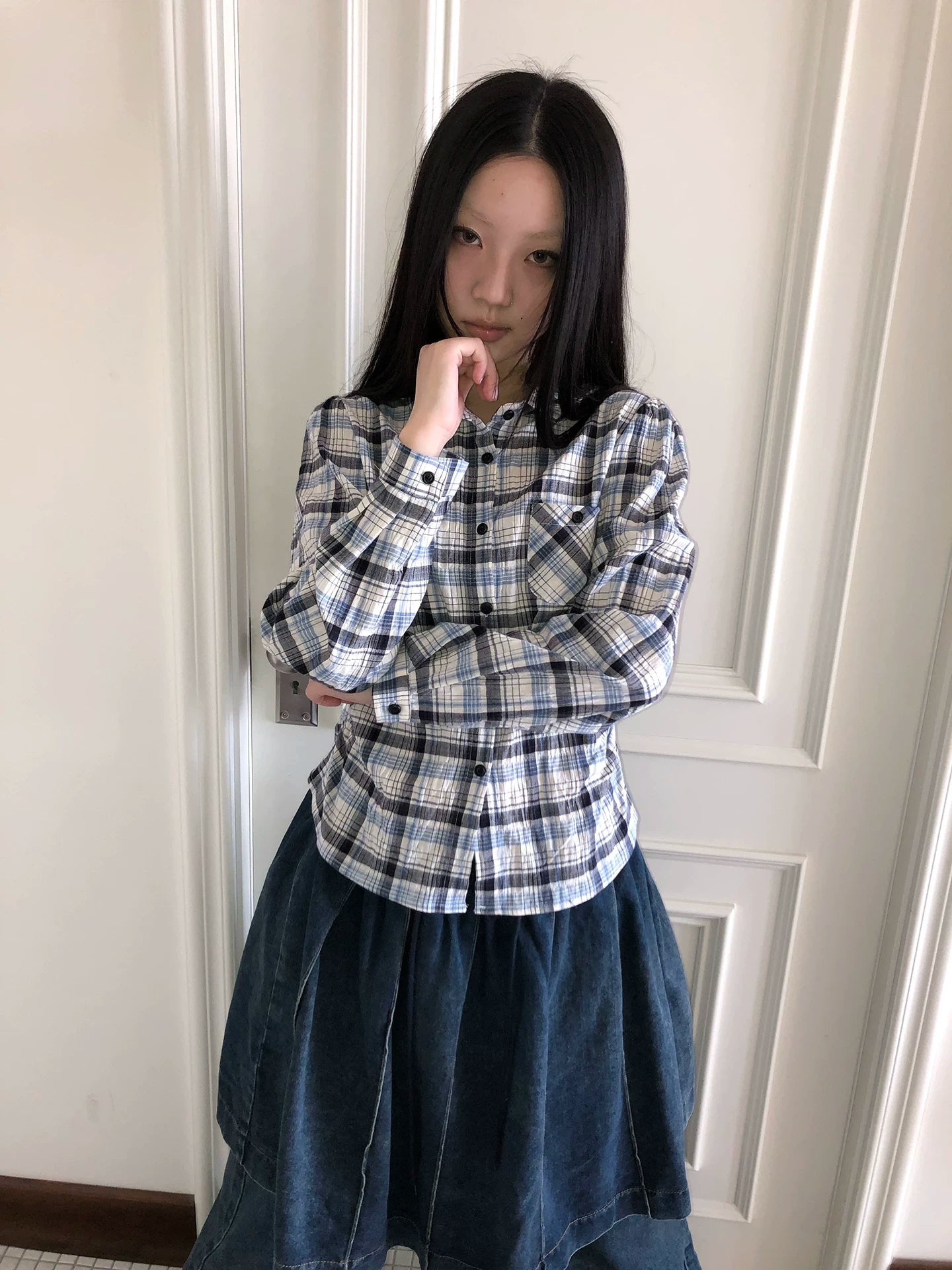 Ang: Project Vintage Versatile Casual Waist Plaid Long-sleeved Shirt