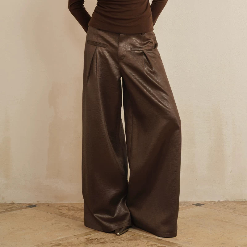 J TheChosen Satin Leather Double-pleated Loose Wide Leg Pants