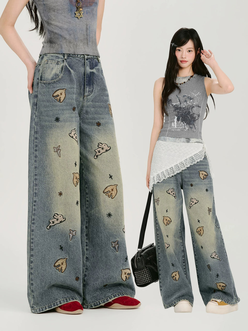 Girlyhalo Wide-leg Embroidered Jeans
