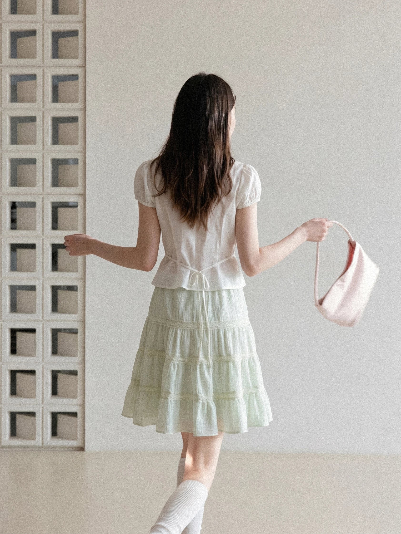 Cantonstory Slim-fit Waist Short-sleeved Shirt Skirt Set