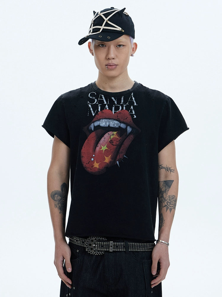DND4DES Large Tongue Print Curled Shoulder Tee