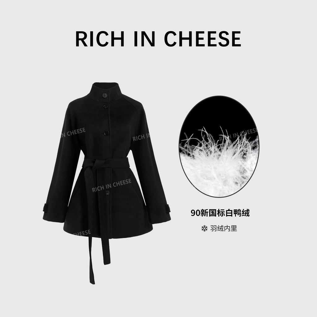 RICH IN CHEESE Premium Sense Stand-Up Neck Lace-Up Waist Wool Jacket