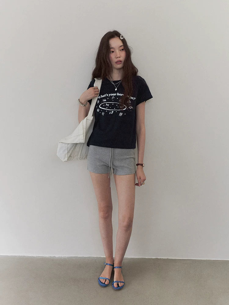 VOOE Crew Neck Letter Print Front Shoulder Versatile Tee