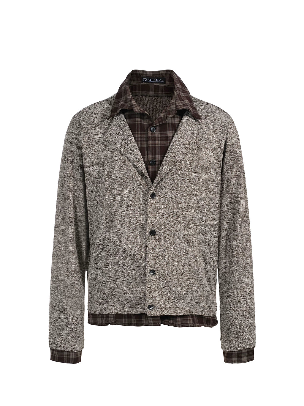 TZ Contrasting Color Layering Splicing Plaid Long-sleeved Shirt