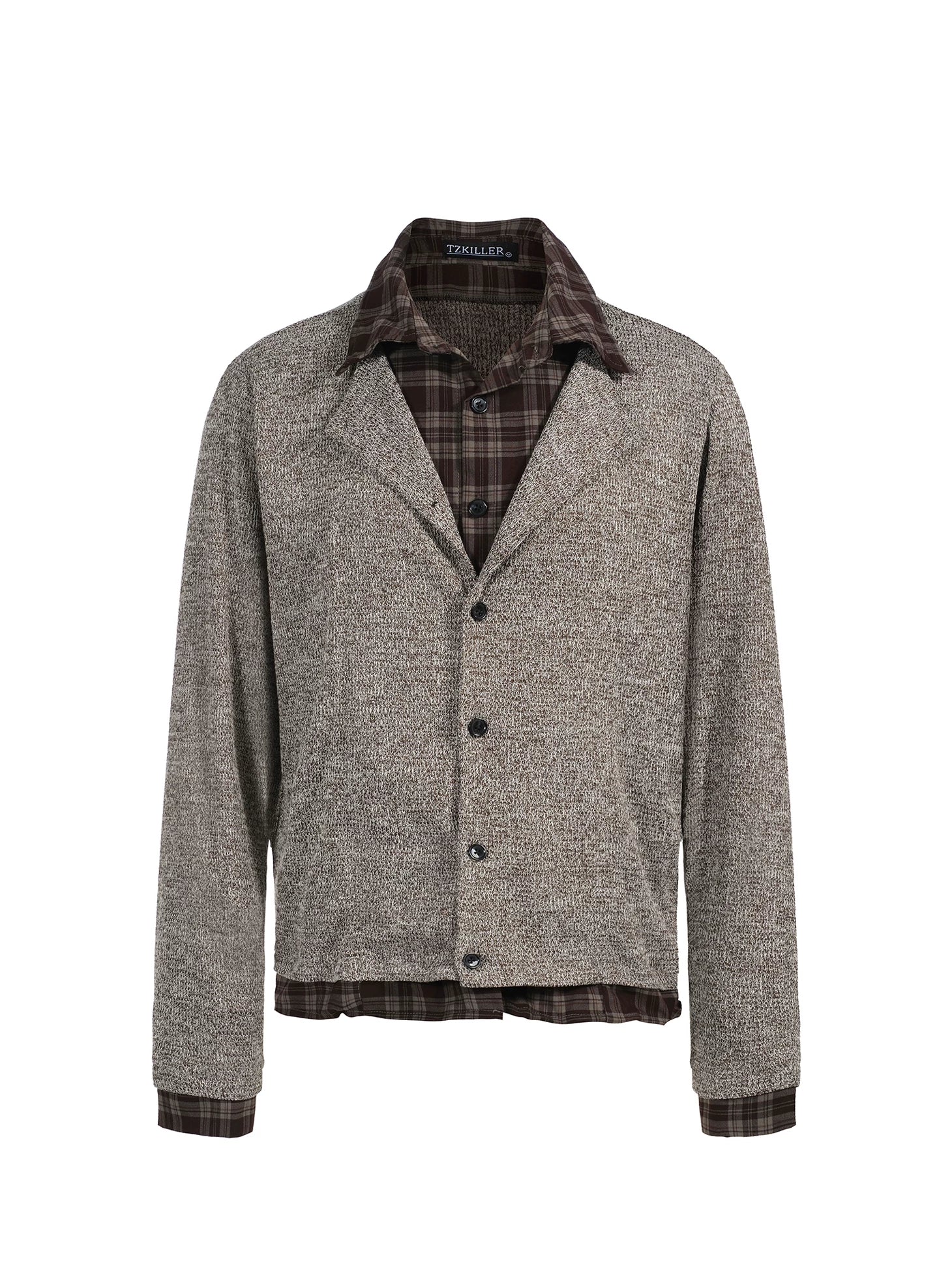 TZ Contrasting Color Layering Splicing Plaid Long-sleeved Shirt