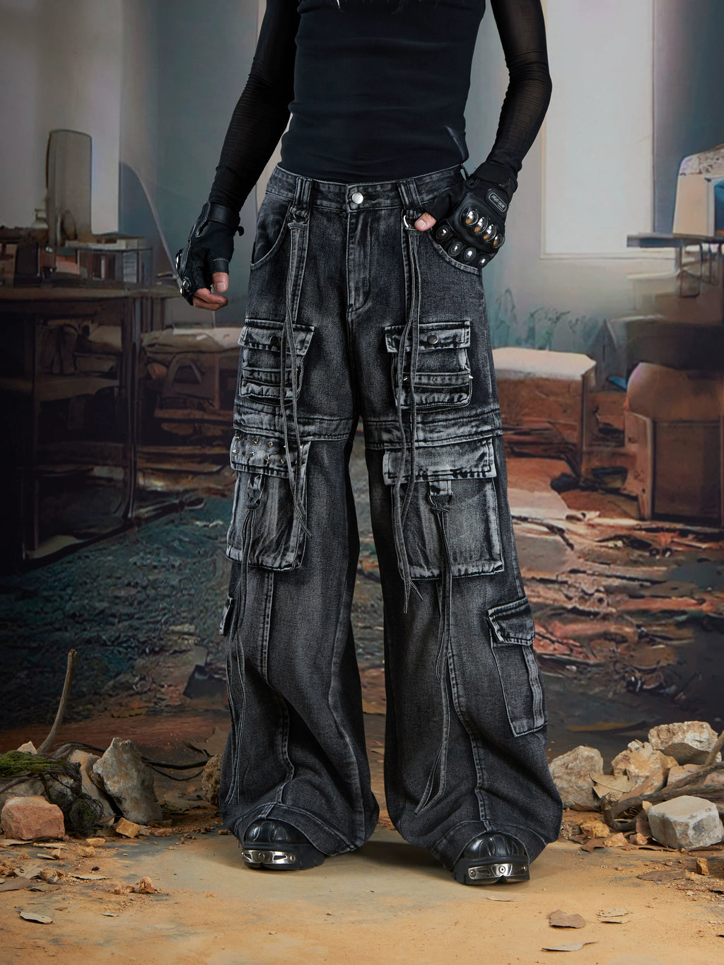 NOMANIAI Rivet Streamer Wash Water Do Old Multi-pocket Jeans