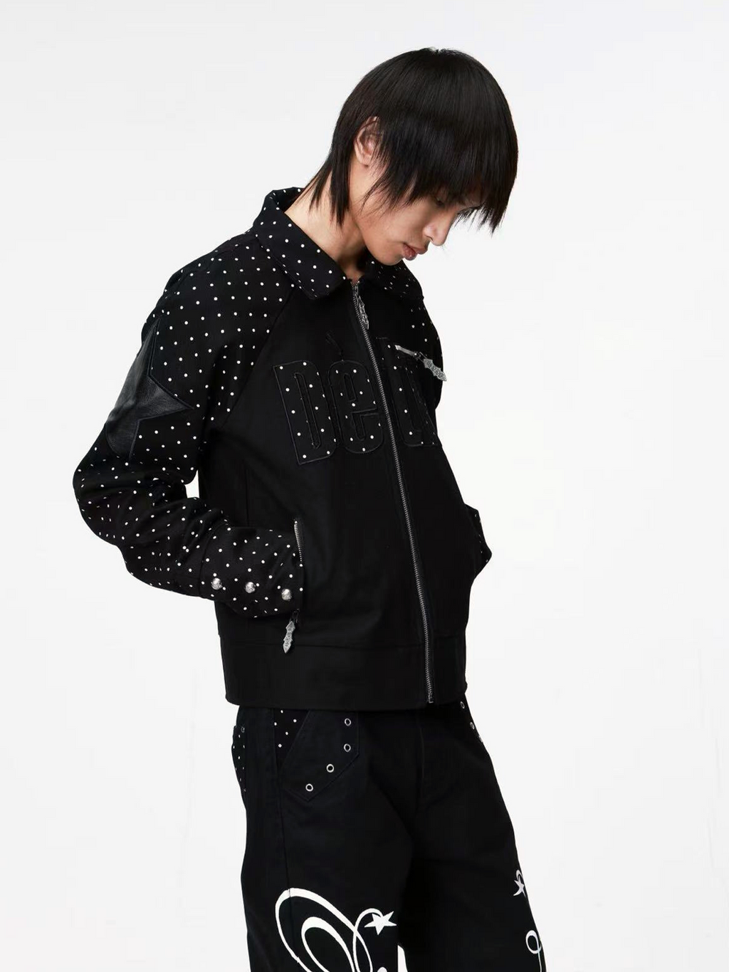 DETW Vintage Polka Dot Notched Collar Patchwork Jacket
