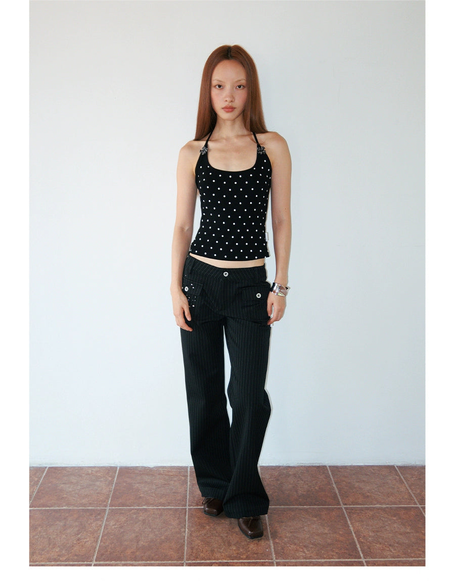 FUNKYFUN Medium and Low Waist Hot-drilled Pinstriped Flared Pants