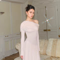 J TheChosen Mesh Slash Shoulder Wrinkle Skirt Knitted Dress