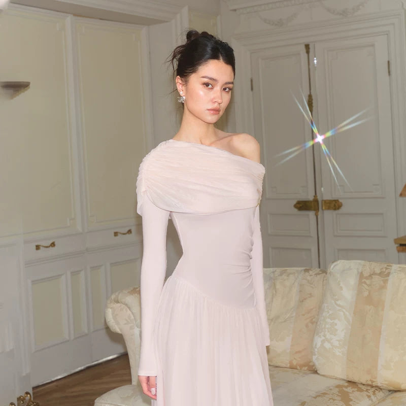J TheChosen Mesh Slash Shoulder Wrinkle Skirt Knitted Dress