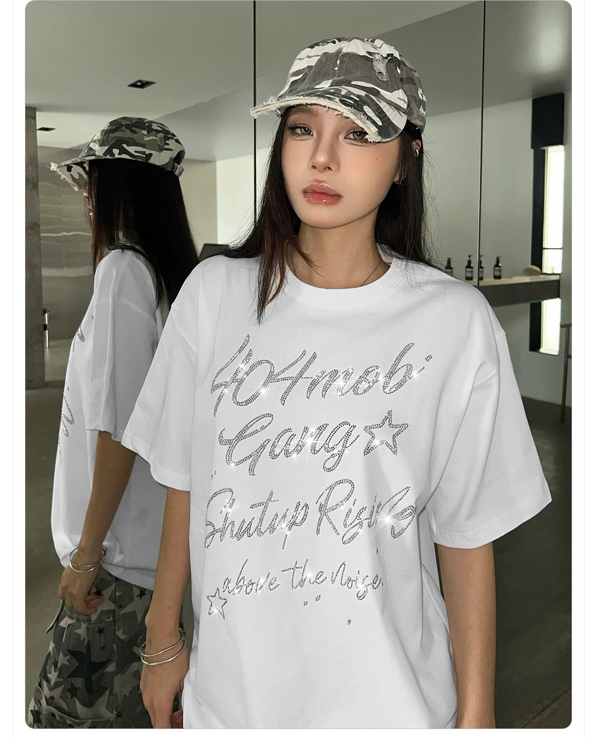404MOB Letter Hot Diamond Round Neck Loose Tee