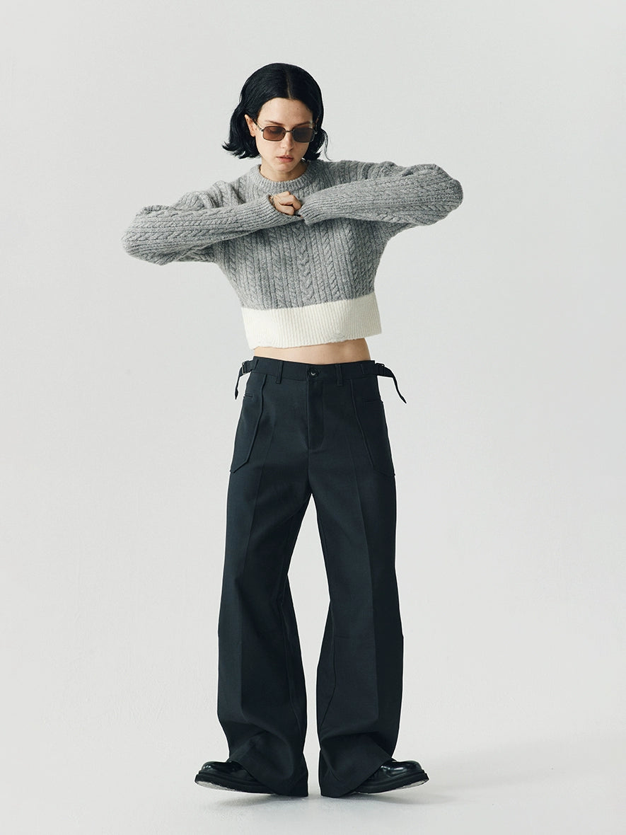 LIMPIDOCULUS Contrasting Color Retro Twisted Waist Crew Neck Sweater