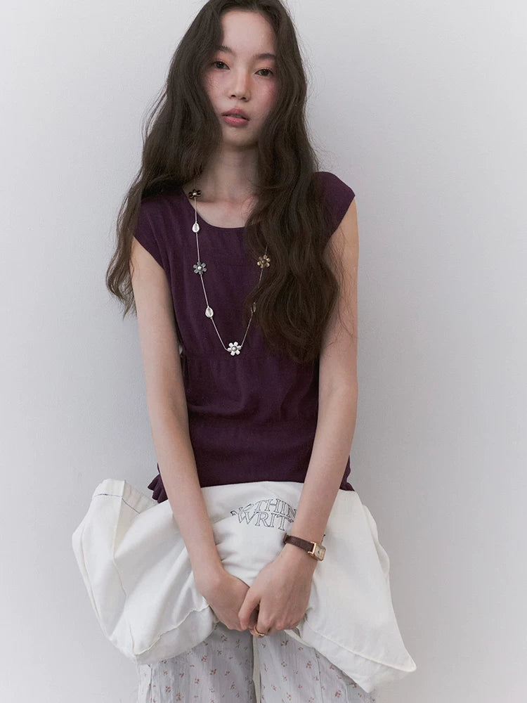 VOOE Round Neck Broken Pleated Knitted Slim and Thin Tee