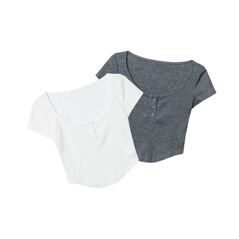 Nariele Big U-neck Slim-fit Open Button Tee