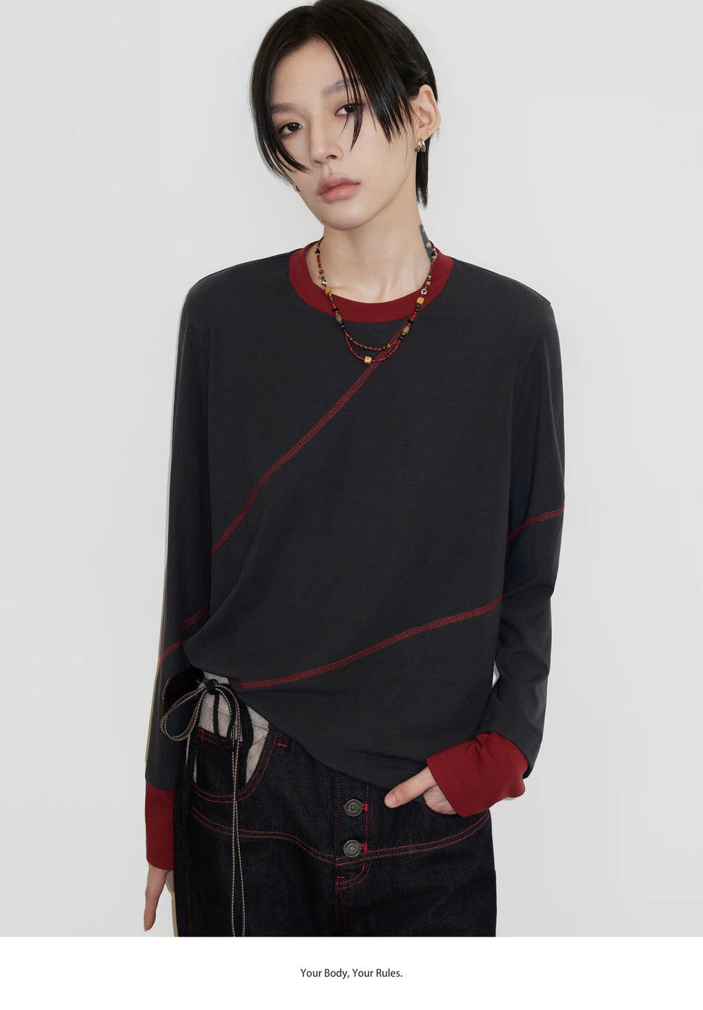 Sameuoo Fake Two Pieces Crew Neck Long Sleeve