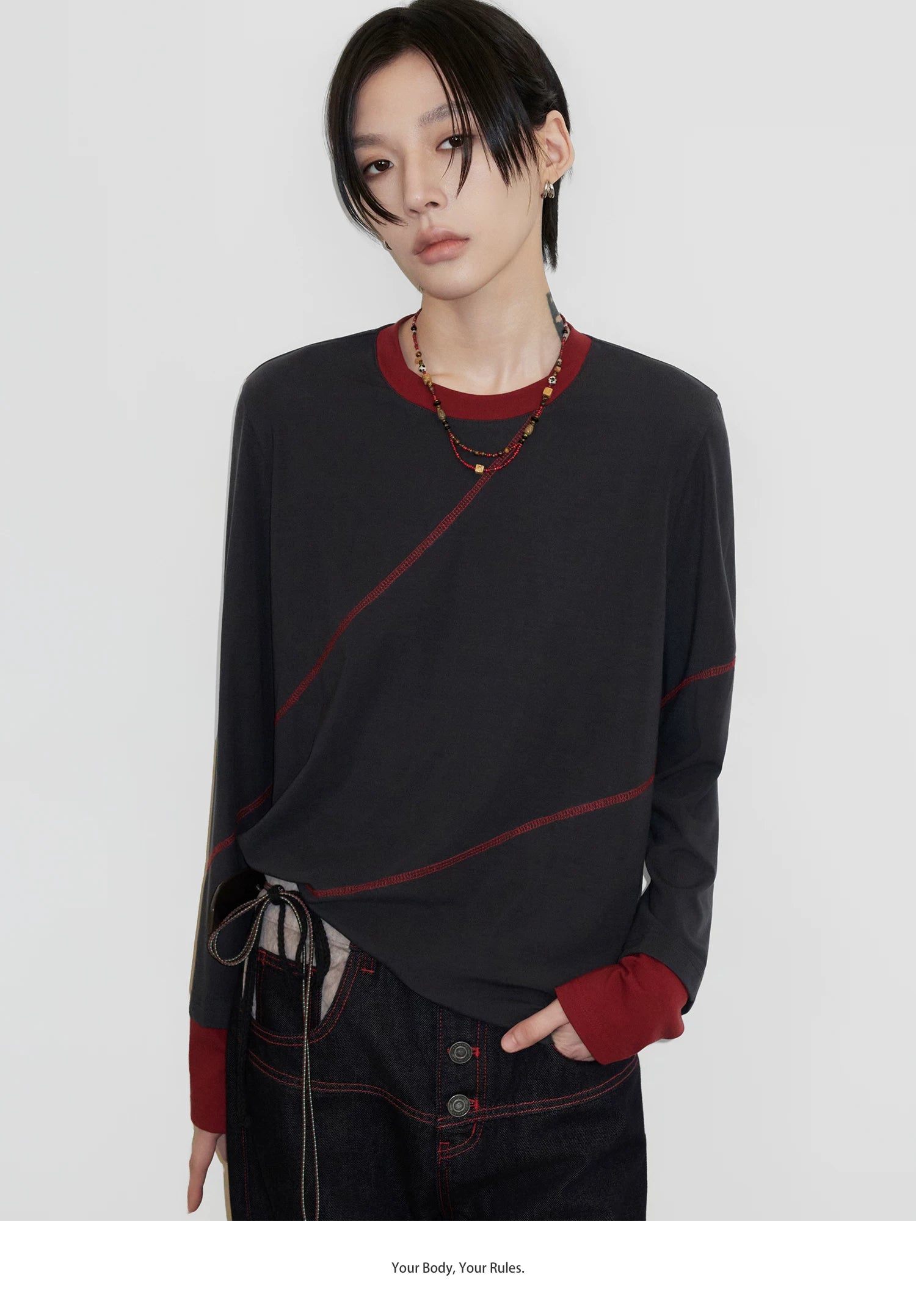 Sameuoo Fake Two Pieces Crew Neck Long Sleeve