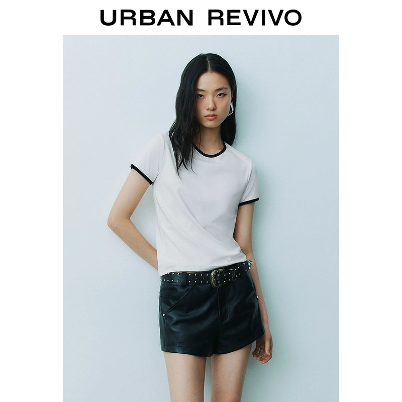 URBAN REVIVO Casual Contrasting Lines Crew Neck Short Sleeve T-Shirt