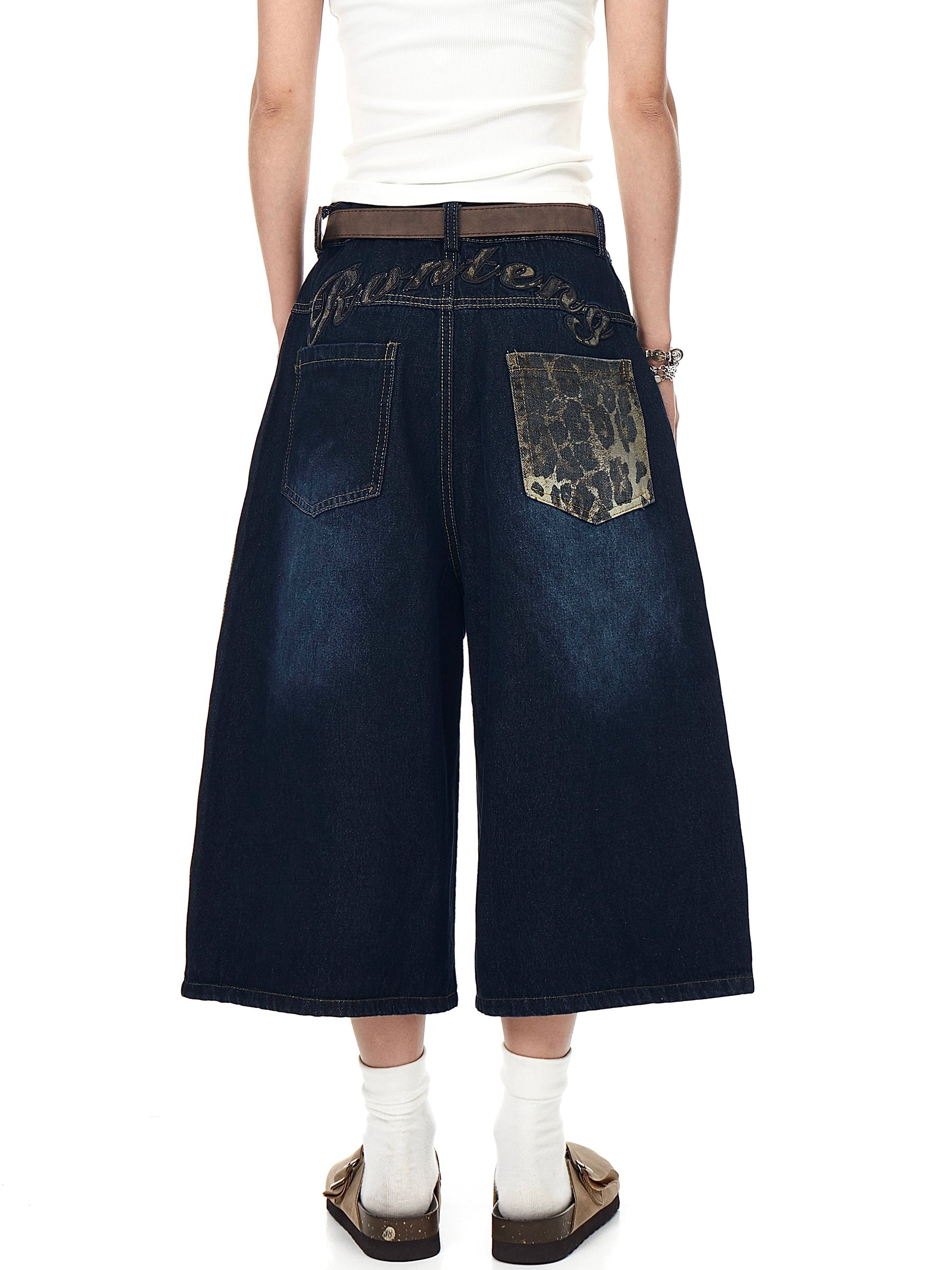 BLACKLISTS Leopard Print Stitched Embroidered Denim Shorts