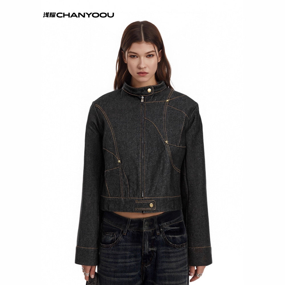 CHANYOOU Vintage Stand-up Collar Deconstructed Denim Jacket
