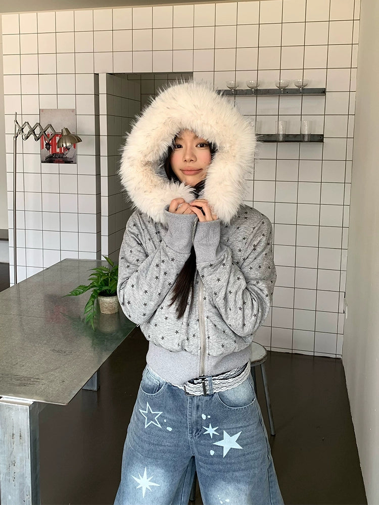 EAHO Star Full Print Removable Fur Collar Hooded Fleece Jacket