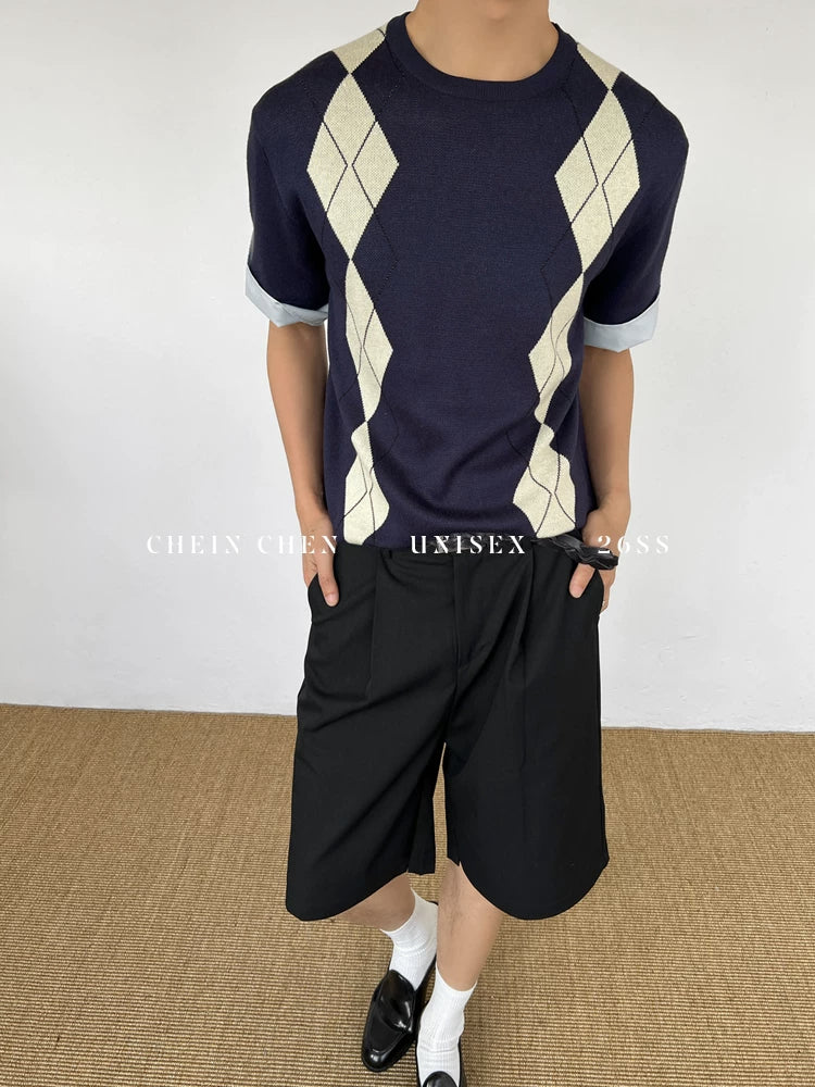 Chein Rhombus Shirt Collar Fake Two-piece Knitted Sweater