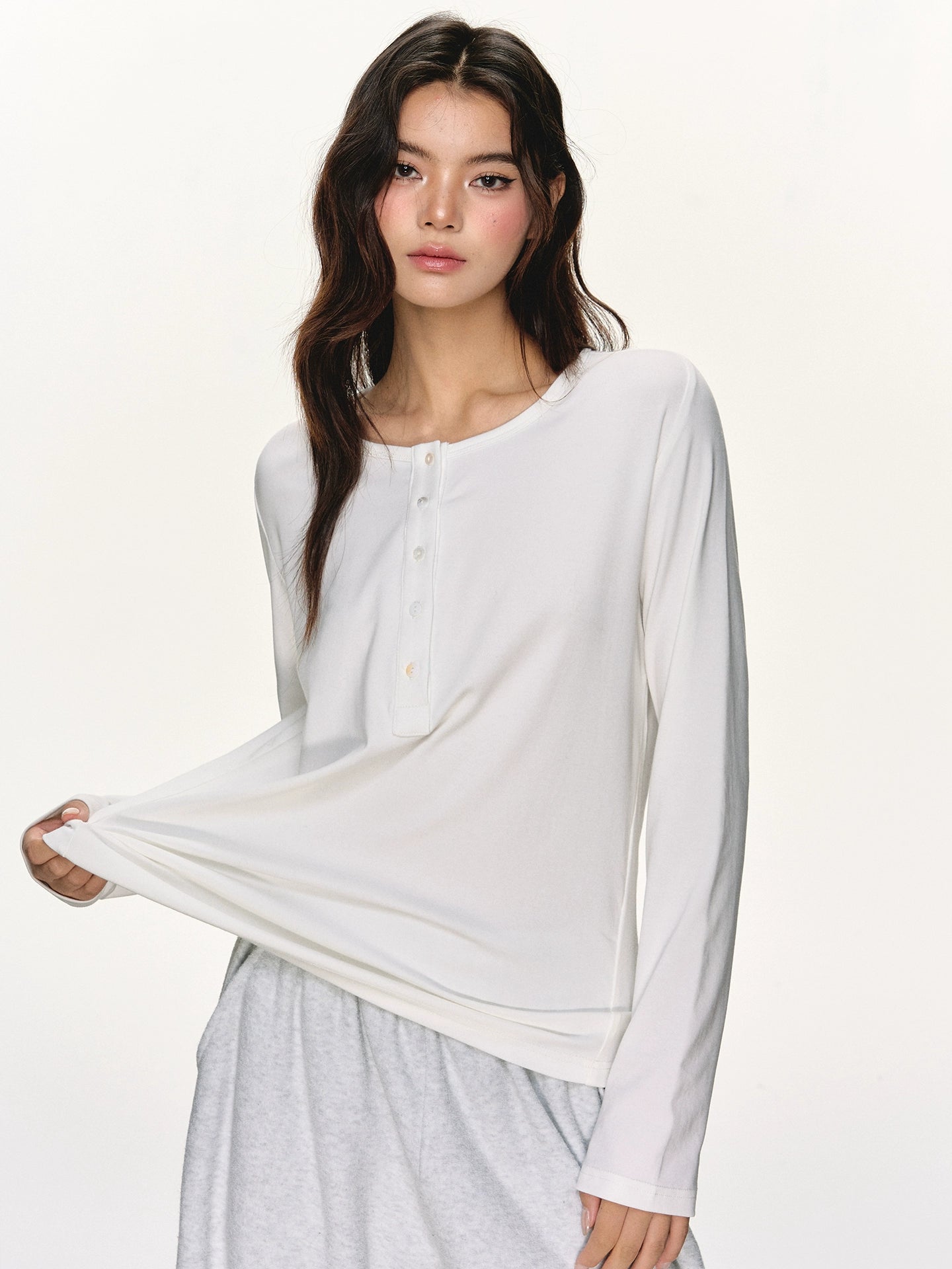 Anna Aneae Henry Collar Bottom Casual Long Sleeve