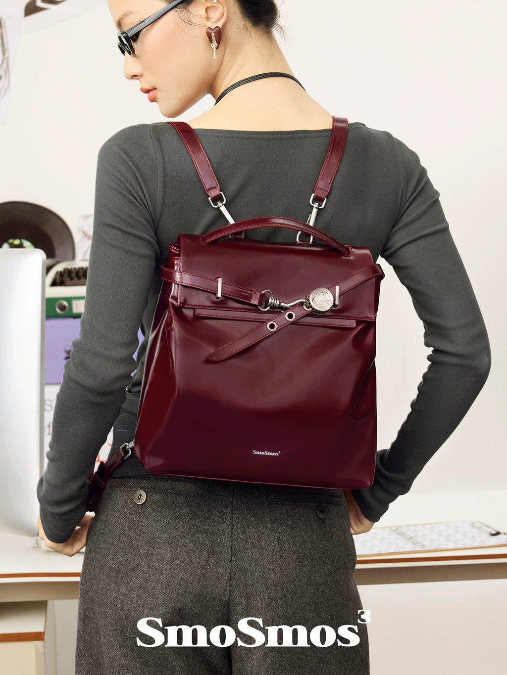 SmoSmos Red Faux Leather Magnetic Snap Backpack