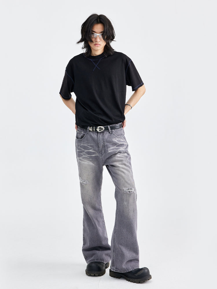 (NMK)  high sense dark night gray cat whiskers Jeans