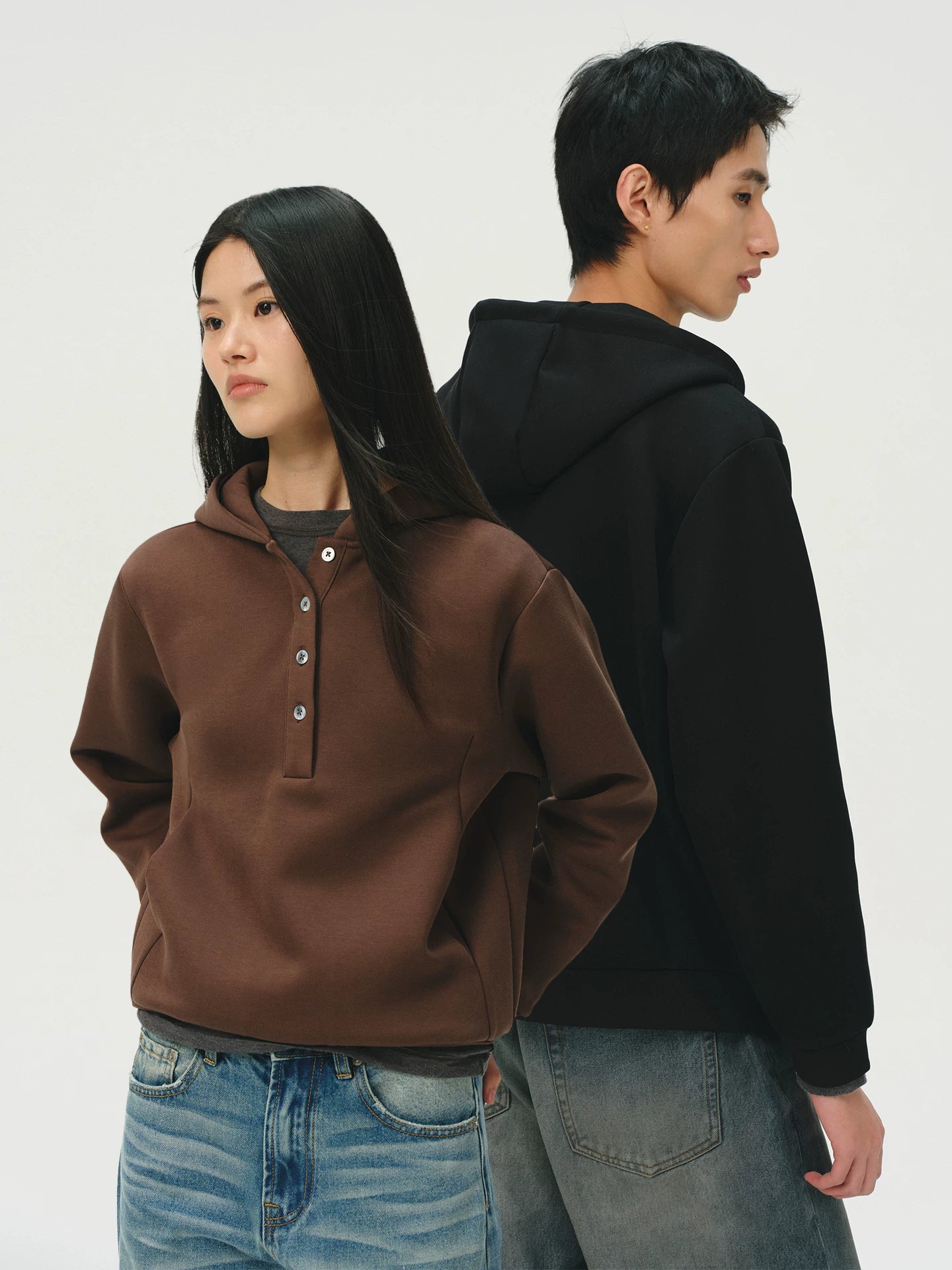 No Logo Warm and Soft Henry Collar Hooded Sweatshirt