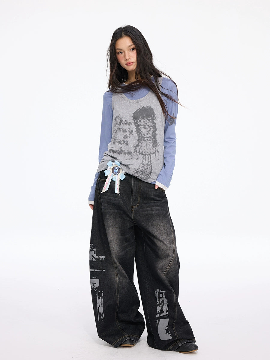 MOMSAYCAN Star Print Stacked Long-sleeved Vest Two-piece Set