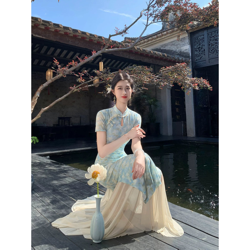 ZIHE Floral Mesh Stretch Cheongsam Slim Dress