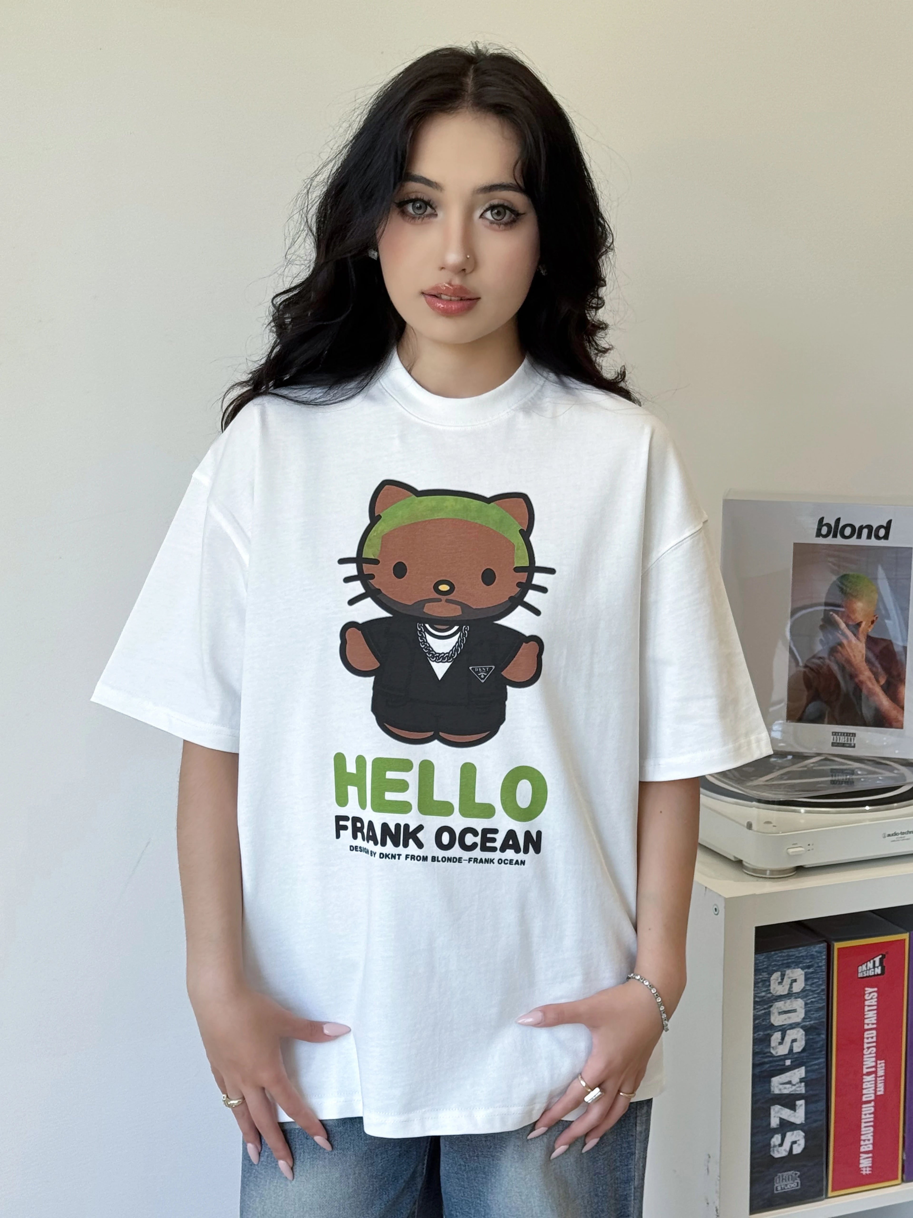 DKNT Kitty Print Crew Neck Loose Casual Tee