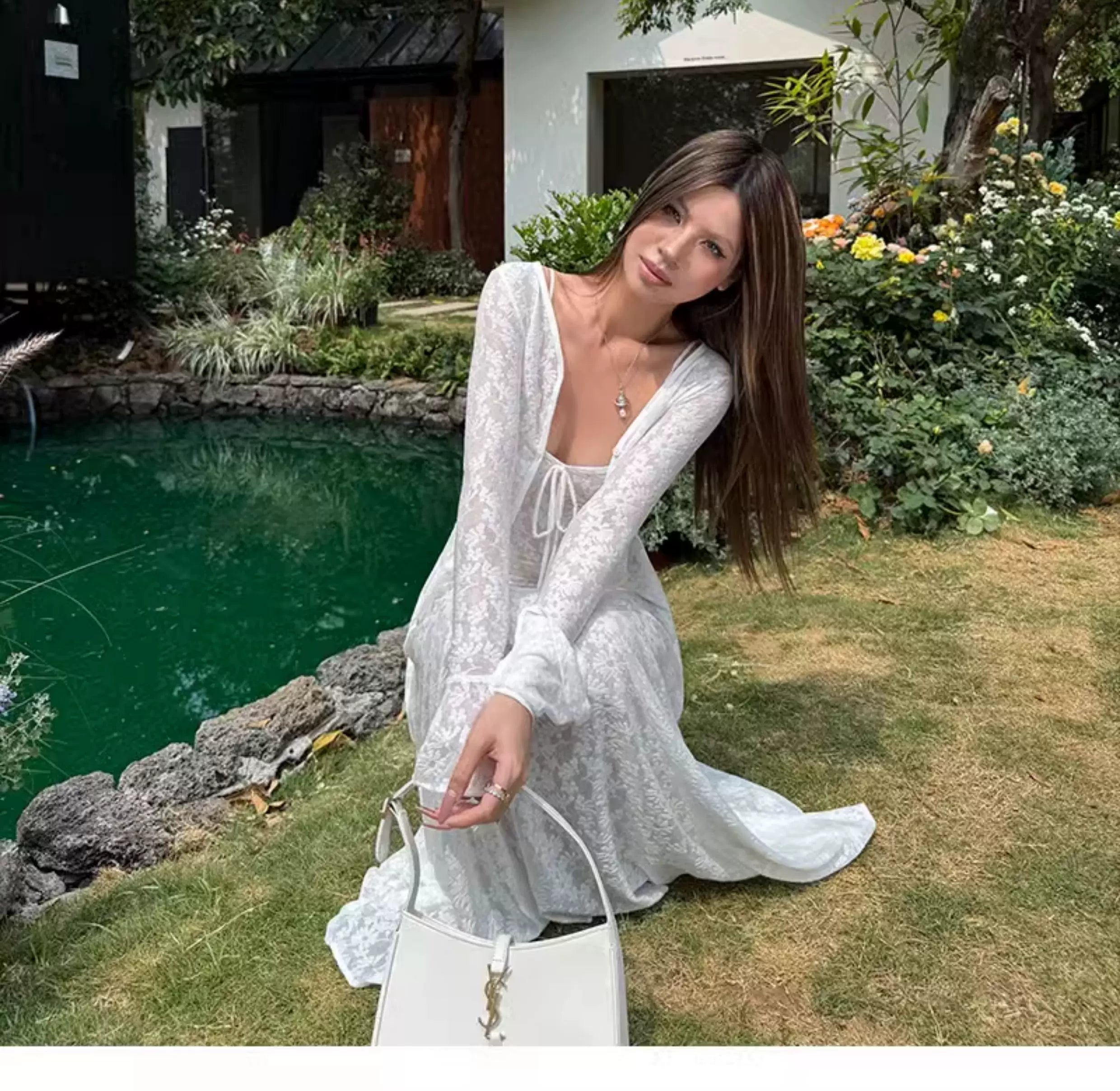 Audwyn Retro Pattern Cardigan Lace Waist Slim Dress Set