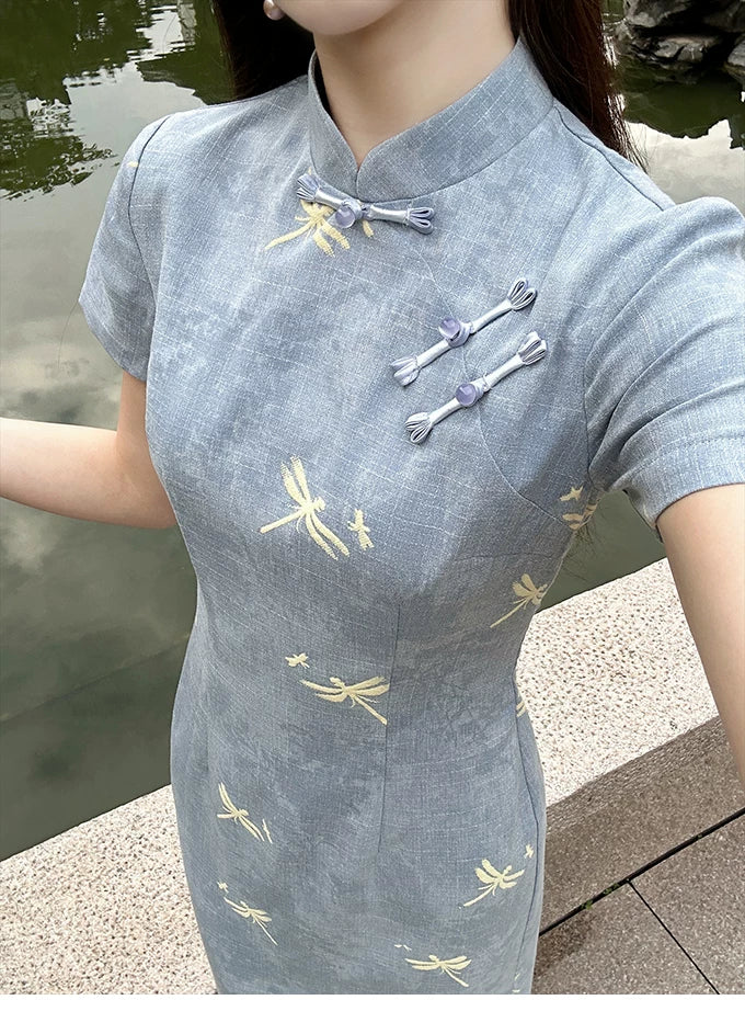 ZIHE Dragonfly Print Stand-up Collar Dress