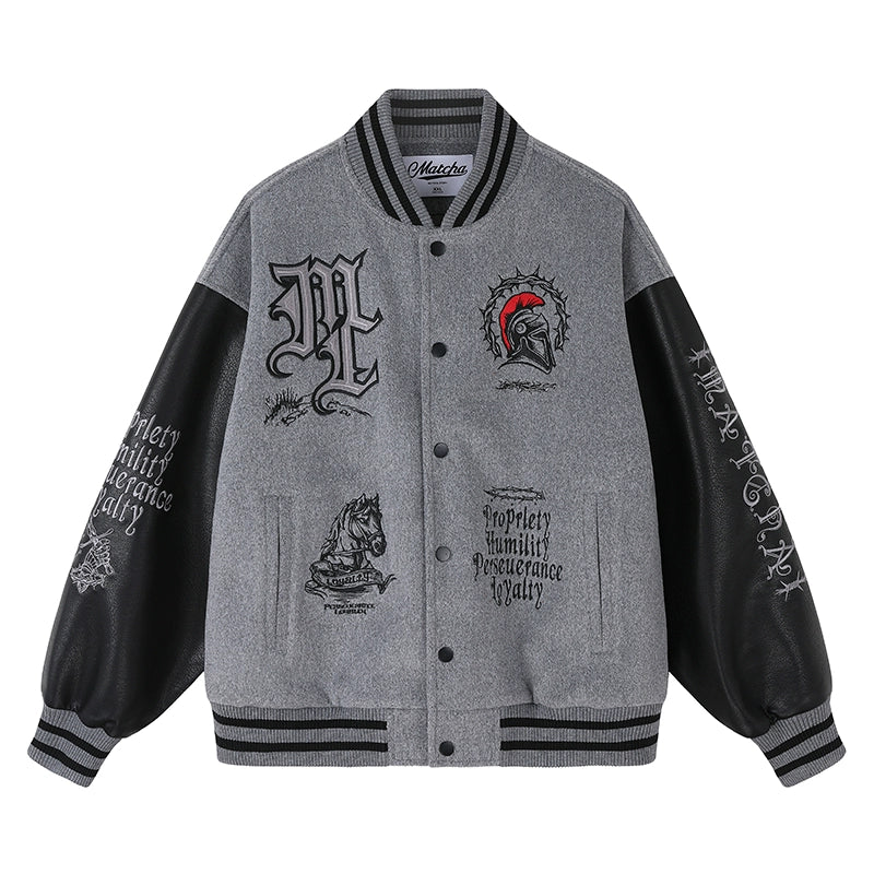 MATCHA STORY Leather Embroidered Baseball Jacket