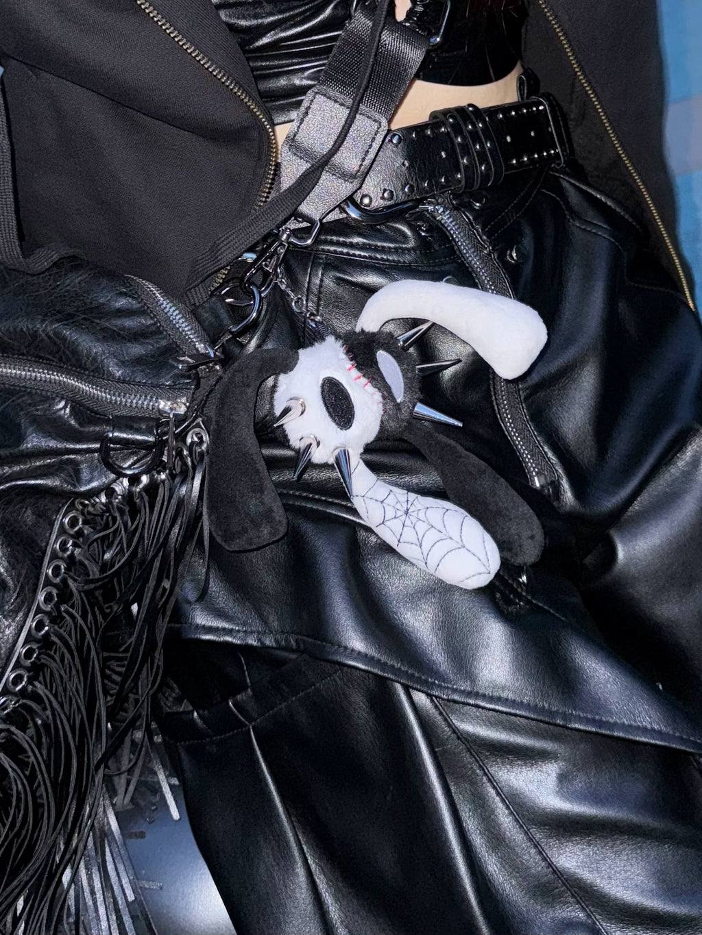 Antiphase Four-eared Rabbit Skull Plush Black and White Hanging Baby Pendant