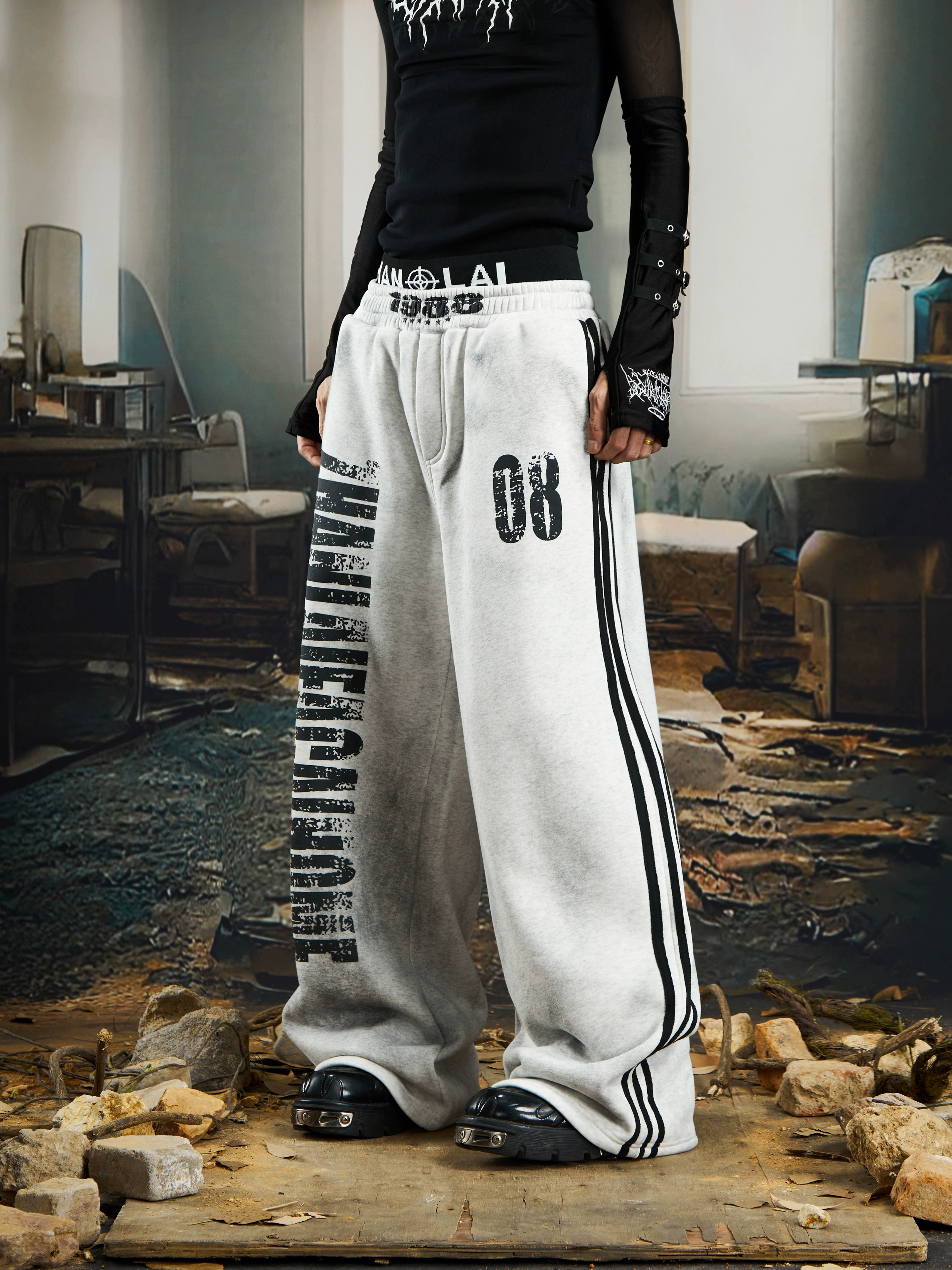 NOMANIAI Dirty Dyed Mottled Print Loose Striped Sweatpants