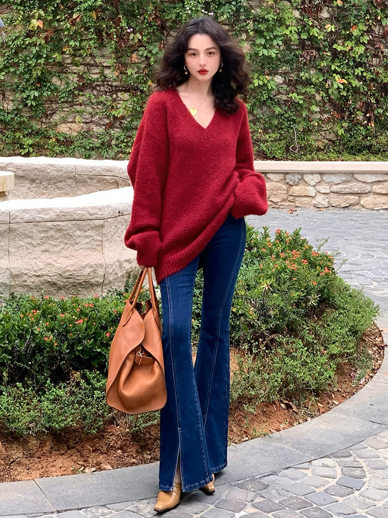 KELIFAN Lazy V-neck Sweater High Waist Micro-pull Jeans Set