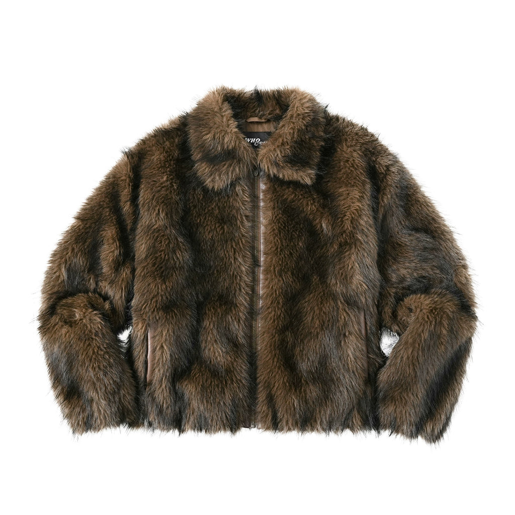 WHOOSIS Lapel-neck Plush Leather-embroidered Jacket