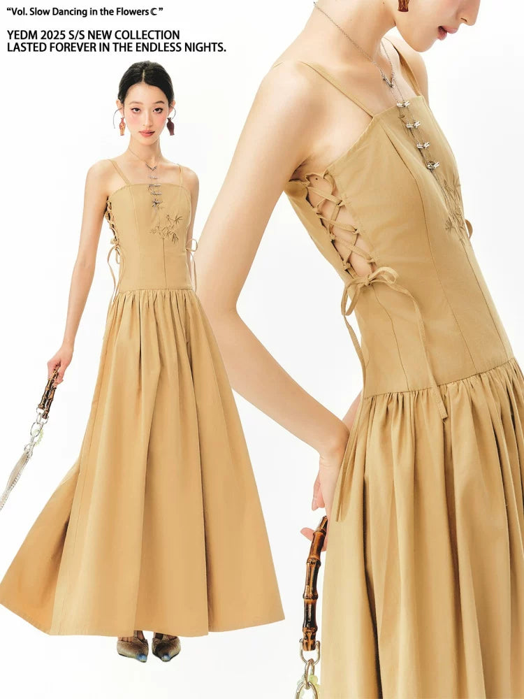 YEDM Bamboo Leaf Embroidery Skinny Suspender Skirt